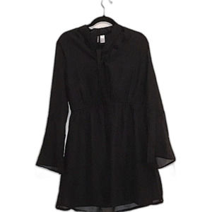 H&M | Black Dress w/ Sheer Sleeves & Neck Tie | 14